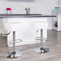 Contemporary White Vinyl Adjustable Height Barstool with Square Seat and Chrome Base