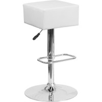 Contemporary White Vinyl Adjustable Height Barstool with Square Seat and Chrome Base