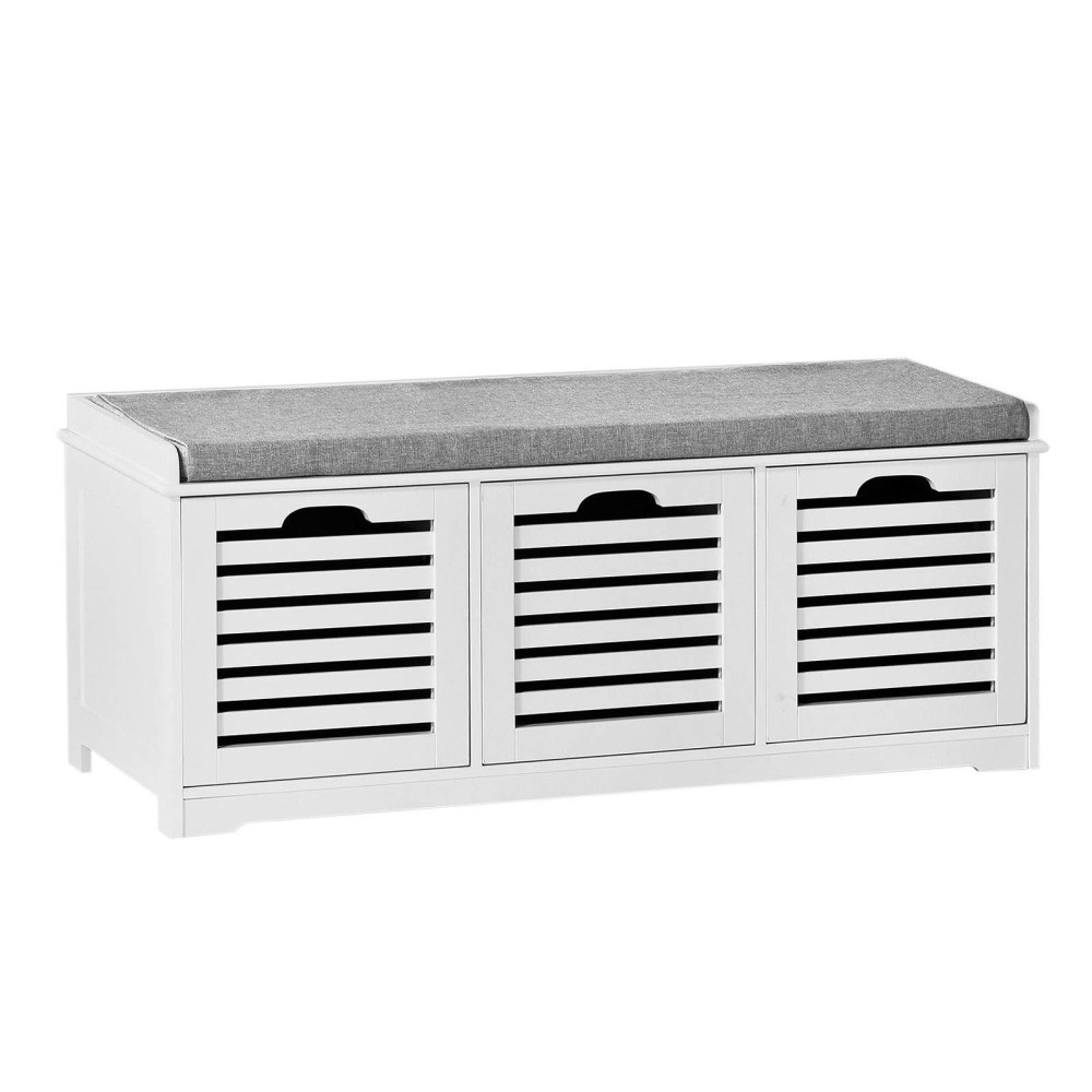 Haotian Fsr23-W, White Storage Bench With 3 Drawers & Padded Seat Cushion, Hallway Bench, Shoe Cabinet, Shoe Bench