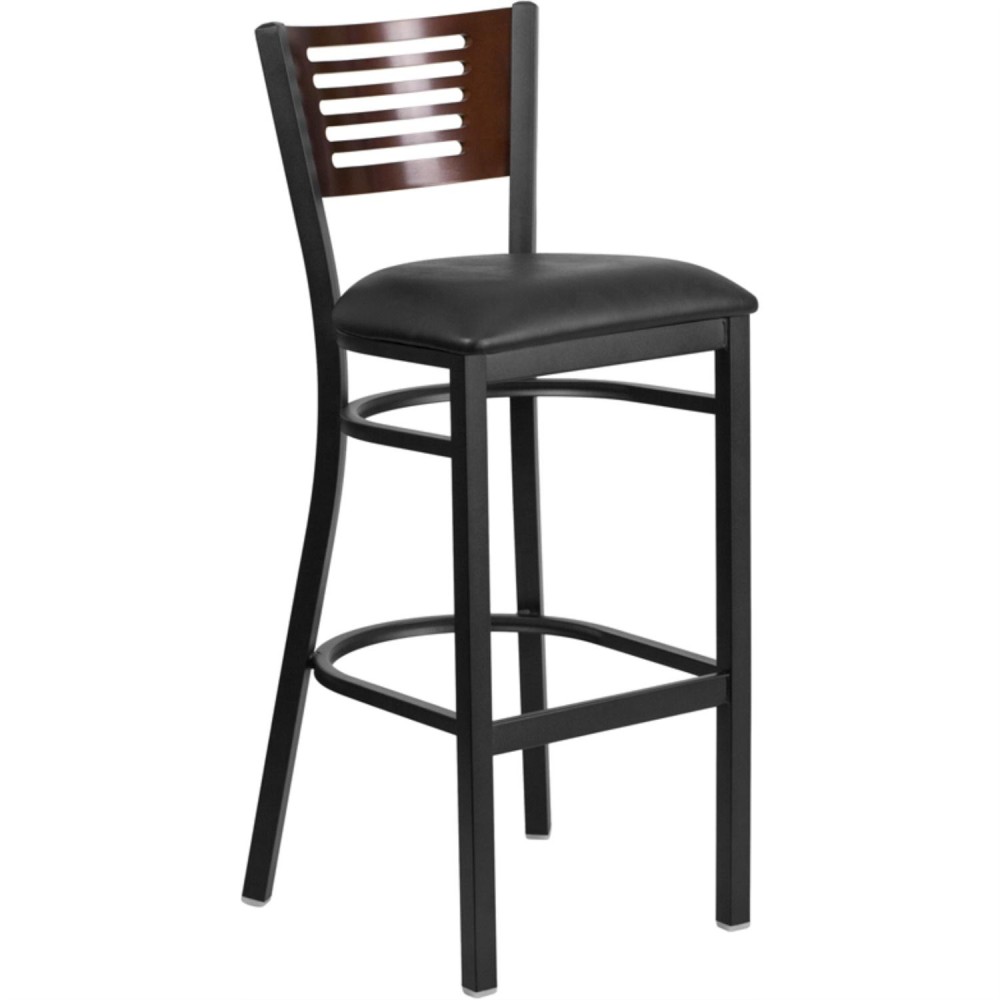 HERCULES Series Black Slat Back Metal Restaurant Barstool - Walnut Wood Back, Black Vinyl Seat