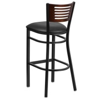 HERCULES Series Black Slat Back Metal Restaurant Barstool - Walnut Wood Back, Black Vinyl Seat