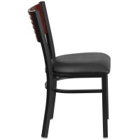 HERCULES Series Black Slat Back Metal Restaurant Chair - Mahogany Wood Back, Black Vinyl Seat