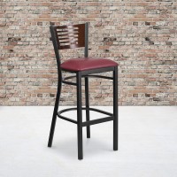 Flash Furniture Hercules Series Black Slat Back Metal Restaurant Barstool - Walnut Wood Back, Burgundy Vinyl Seat