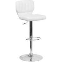 Contemporary White Vinyl Adjustable Height Barstool With Vertical Stitch Back And Chrome Base