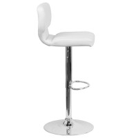 Contemporary White Vinyl Adjustable Height Barstool With Vertical Stitch Back And Chrome Base