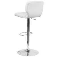 Contemporary White Vinyl Adjustable Height Barstool With Vertical Stitch Back And Chrome Base