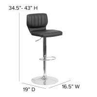 Flash Furniture Contemporary Gray Fabric Adjustable Height Barstool With Vertical Stitch Back And Chrome Base