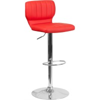 Contemporary Red Vinyl Adjustable Height Barstool With Vertical Stitch Back And Chrome Base