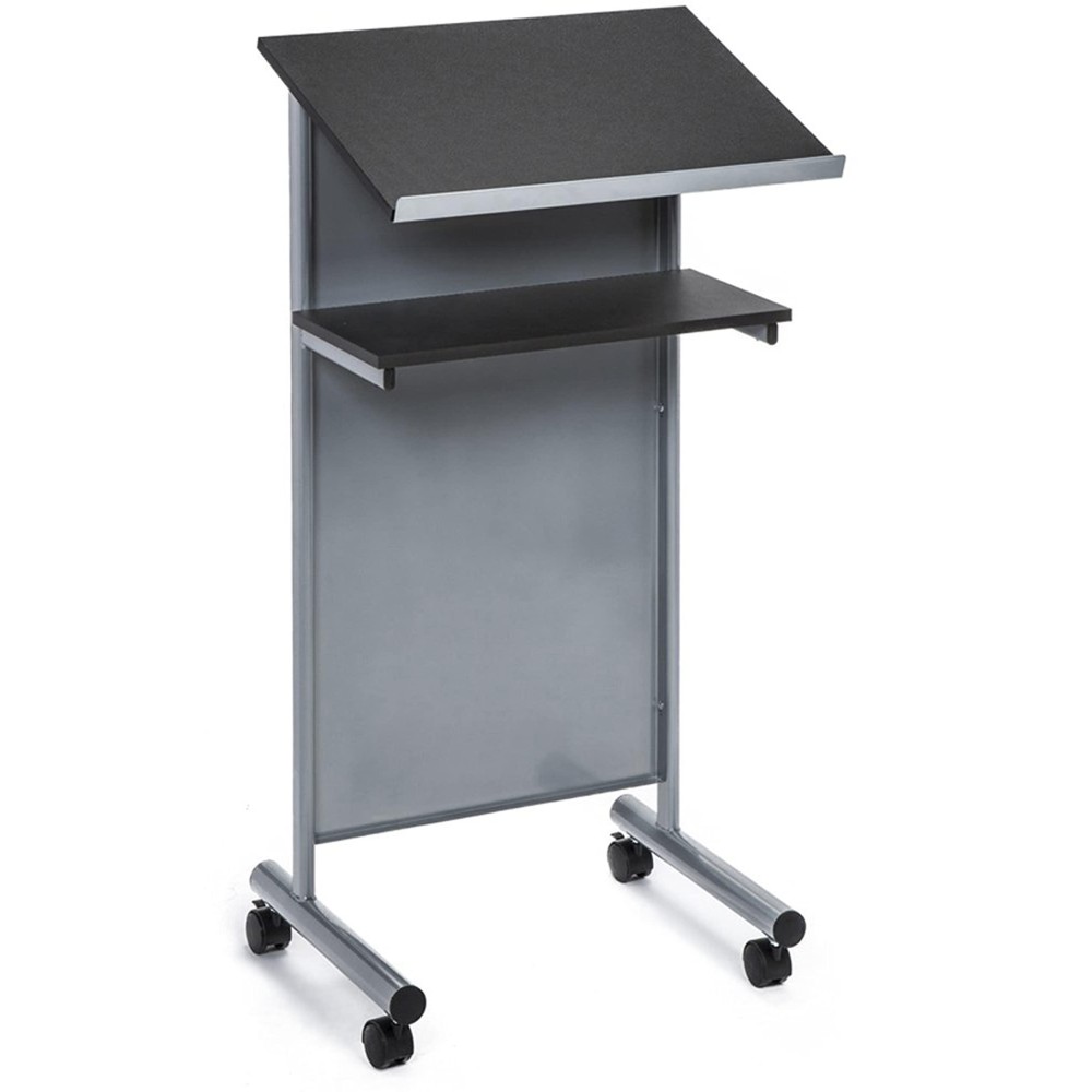 Audio-Visual Direct Wheeled Lectern Podium - Standing Desk With Storage Shelf - Silver/Black - Ideal For Presentations And Laptop Use