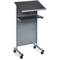 Audio-Visual Direct Wheeled Lectern Podium - Standing Desk With Storage Shelf - Silver/Black - Ideal For Presentations And Laptop Use