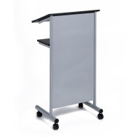 Audio-Visual Direct Wheeled Lectern Podium - Standing Desk With Storage Shelf - Silver/Black - Ideal For Presentations And Laptop Use