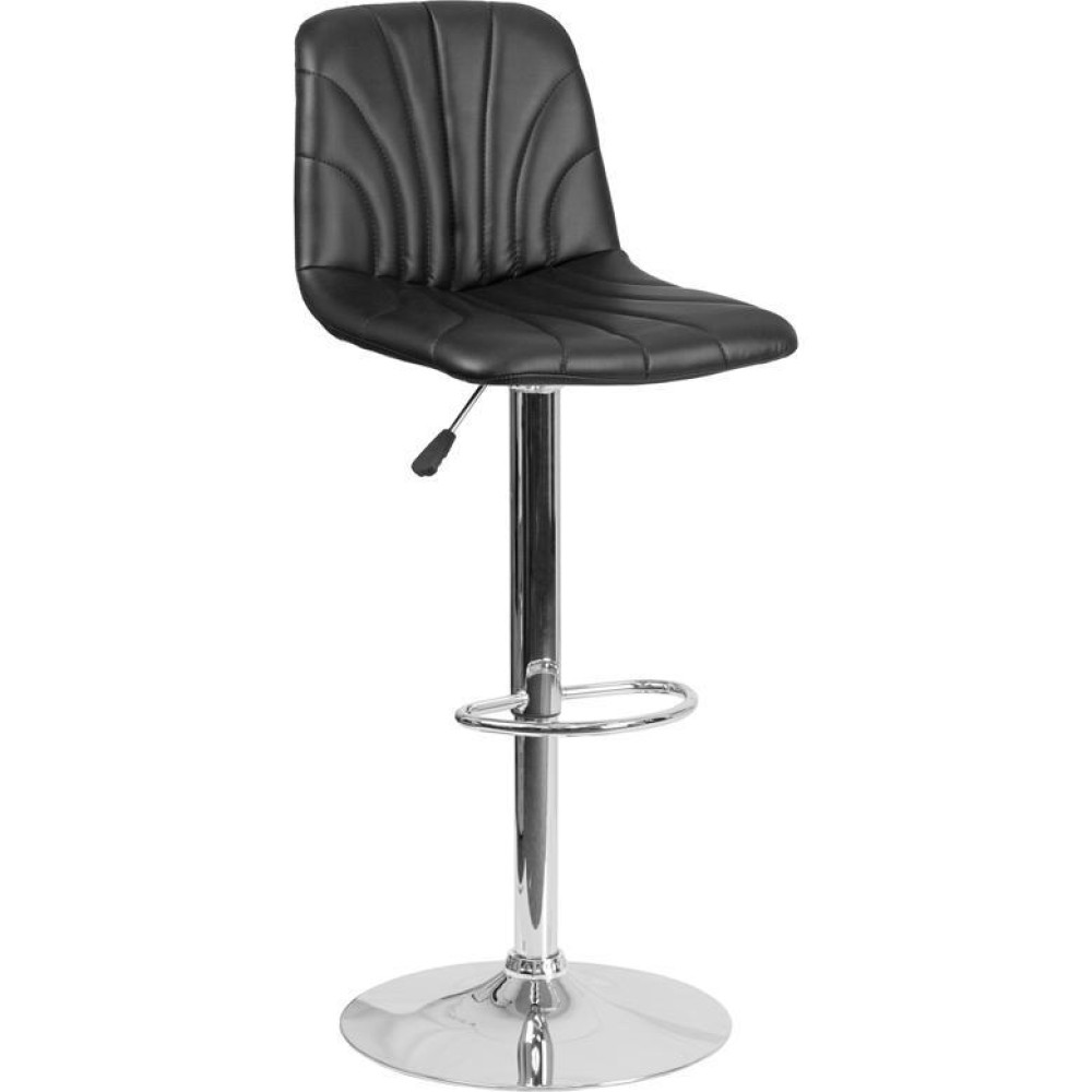 Contemporary Black Vinyl Adjustable Height Barstool with Embellished Stitch Design and Chrome Base