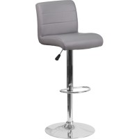 Contemporary Gray Vinyl Adjustable Height Barstool With Rolled Seat And Chrome Base