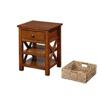 Ehemco X-Side End Table Side Table With Drawer, 2 Storage Shelves And Wicker Basket, Coffee