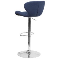 Contemporary Blue Fabric Adjustable Height Barstool With Curved Back And Chrome Base