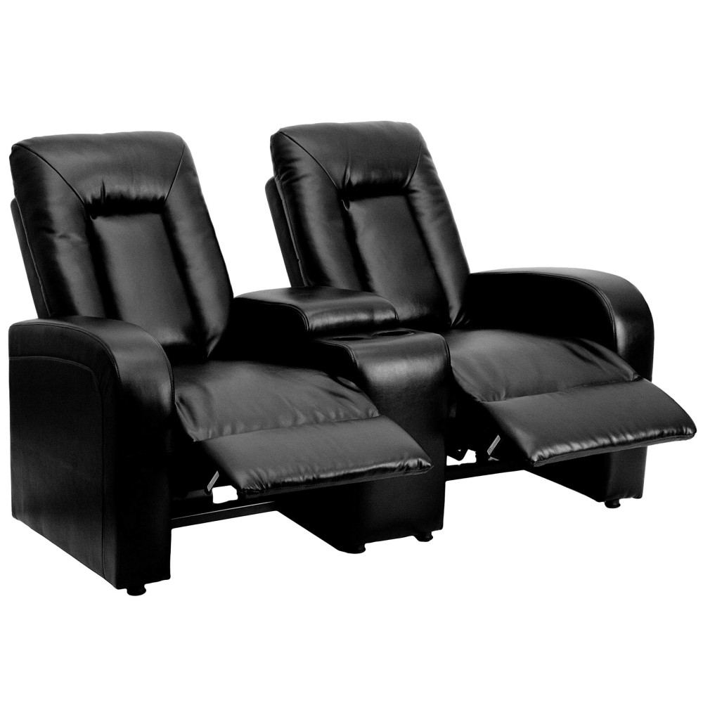 Flash Furniture Eclipse Series 2-Seat Push Button Motorized Reclining Black Leathersoft Theater Seating Unit With Cup Holders