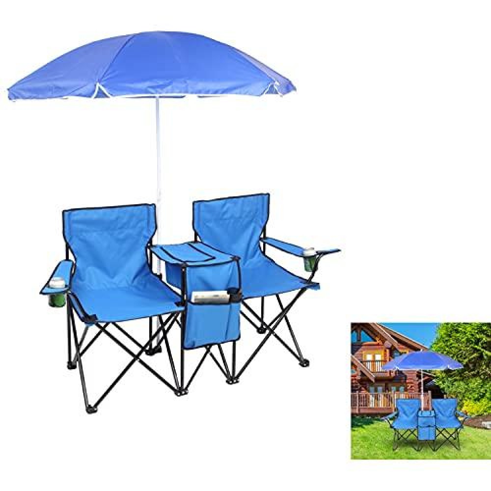 Portable Folding Picnic Double Recline Chair Umbrella Table Cooler Beach Camping Chair Stadium Seat (Legendary-Yes)