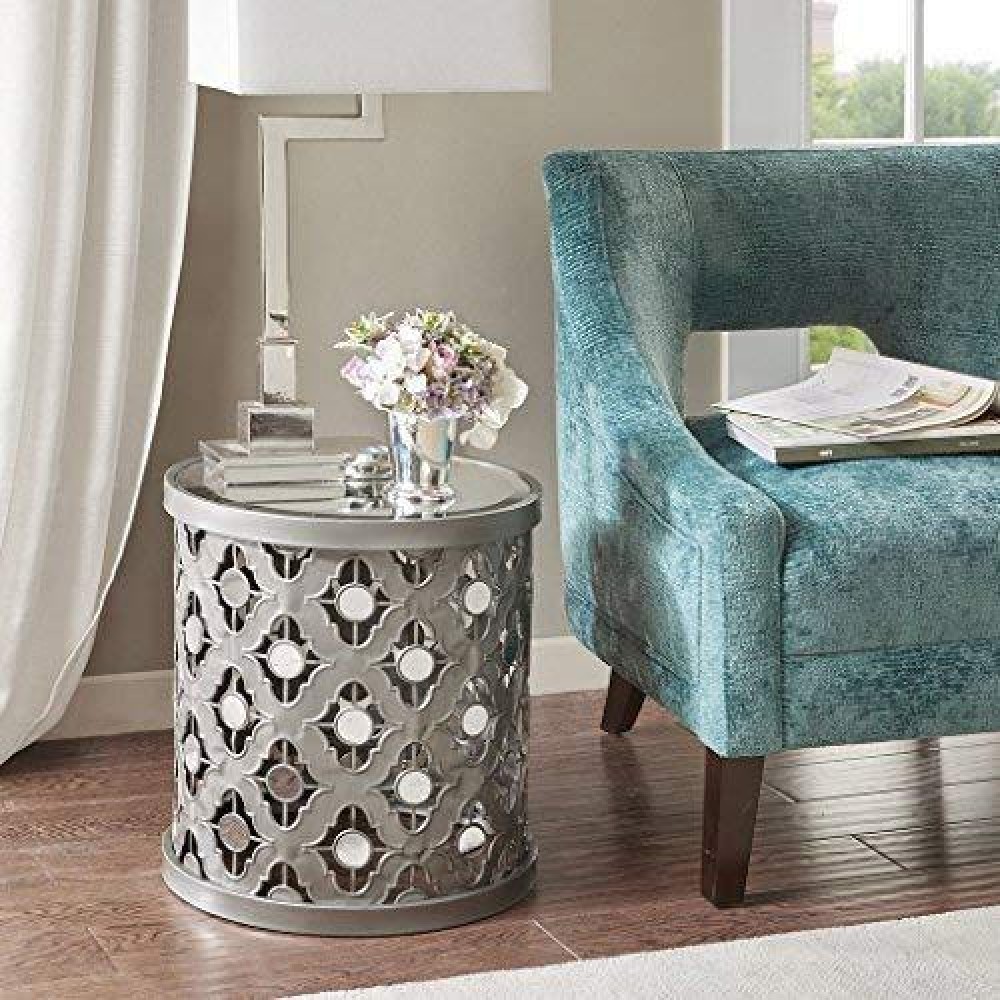 Madison Park Arian Accent Tables - Mirror Glass, Metal Side Table - Silver, Quatrefoil Geometric Design, Modern Style End Tables - 1 Piece Mirror Glass Top Hollow Round Small Tables For Living Room