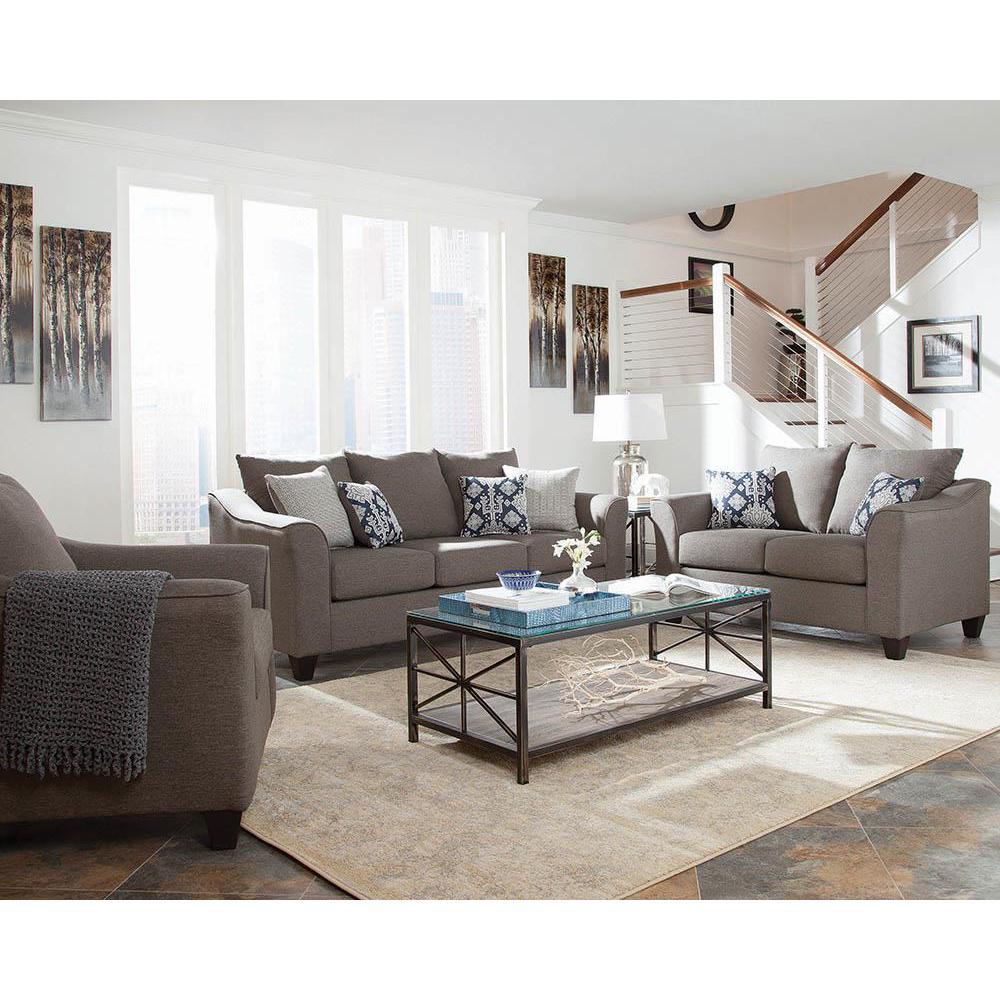 Compact sofa set ideal for smaller spacesElegant flared arms framed with weltNeutral warm grey upholstery creates a soft, subtle look and feelDecorative accent pillows includedHigh density full foam seat cushions for ultimate comfort