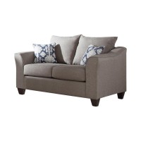 Compact sofa set ideal for smaller spacesElegant flared arms framed with weltNeutral warm grey upholstery creates a soft, subtle look and feelDecorative accent pillows includedHigh density full foam seat cushions for ultimate comfort