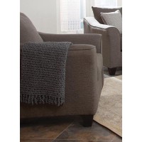 Compact sofa set ideal for smaller spacesElegant flared arms framed with weltNeutral warm grey upholstery creates a soft, subtle look and feelDecorative accent pillows includedHigh density full foam seat cushions for ultimate comfort