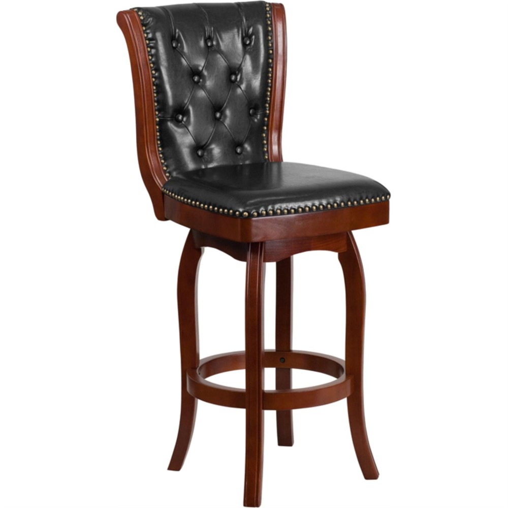 30'' High Cherry Wood Barstool With Button Tufted Back And Black Leathersoft Swivel Seat