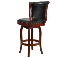30'' High Cherry Wood Barstool With Button Tufted Back And Black Leathersoft Swivel Seat