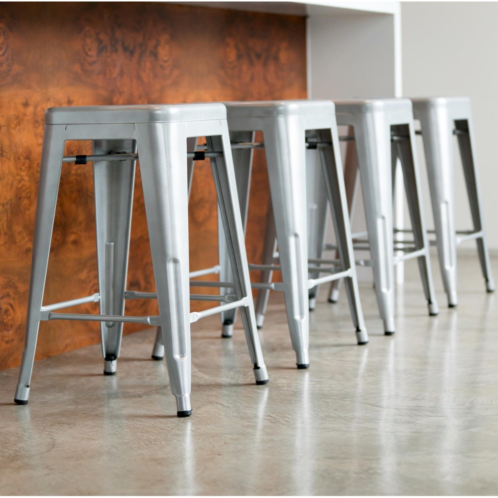 Urbanmod 24 Inches Metal Barstool Set Of 4 - Counter Height Backless Bar Stool For Kitchen Island, Breakfast, Outdoors, Pub, Restaurant, Home, Patio - Stackable Heavy Duty Modern & Industrial (Silver)