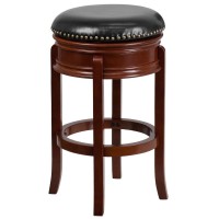 Flash Furniture Carol 29'' High Backless Light Cherry Wood Barstool With Carved Apron And Black Leathersoft Swivel Seat