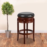 Flash Furniture Carol 29'' High Backless Light Cherry Wood Barstool With Carved Apron And Black Leathersoft Swivel Seat
