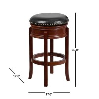 Flash Furniture Carol 29'' High Backless Light Cherry Wood Barstool With Carved Apron And Black Leathersoft Swivel Seat