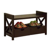 Pilaster Designs Cherry Finish Wood Shoe Storage Bench With Drawers