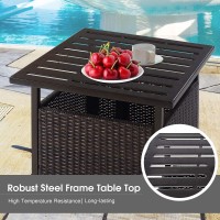 Giantex Outdoor Side Table With Umbrella Hole, Rattan Wicker Umbrella Stand Table, Steel Metal Patio Bistro Table For Outdoor Deck Garden Pool (Metal Tabletop)