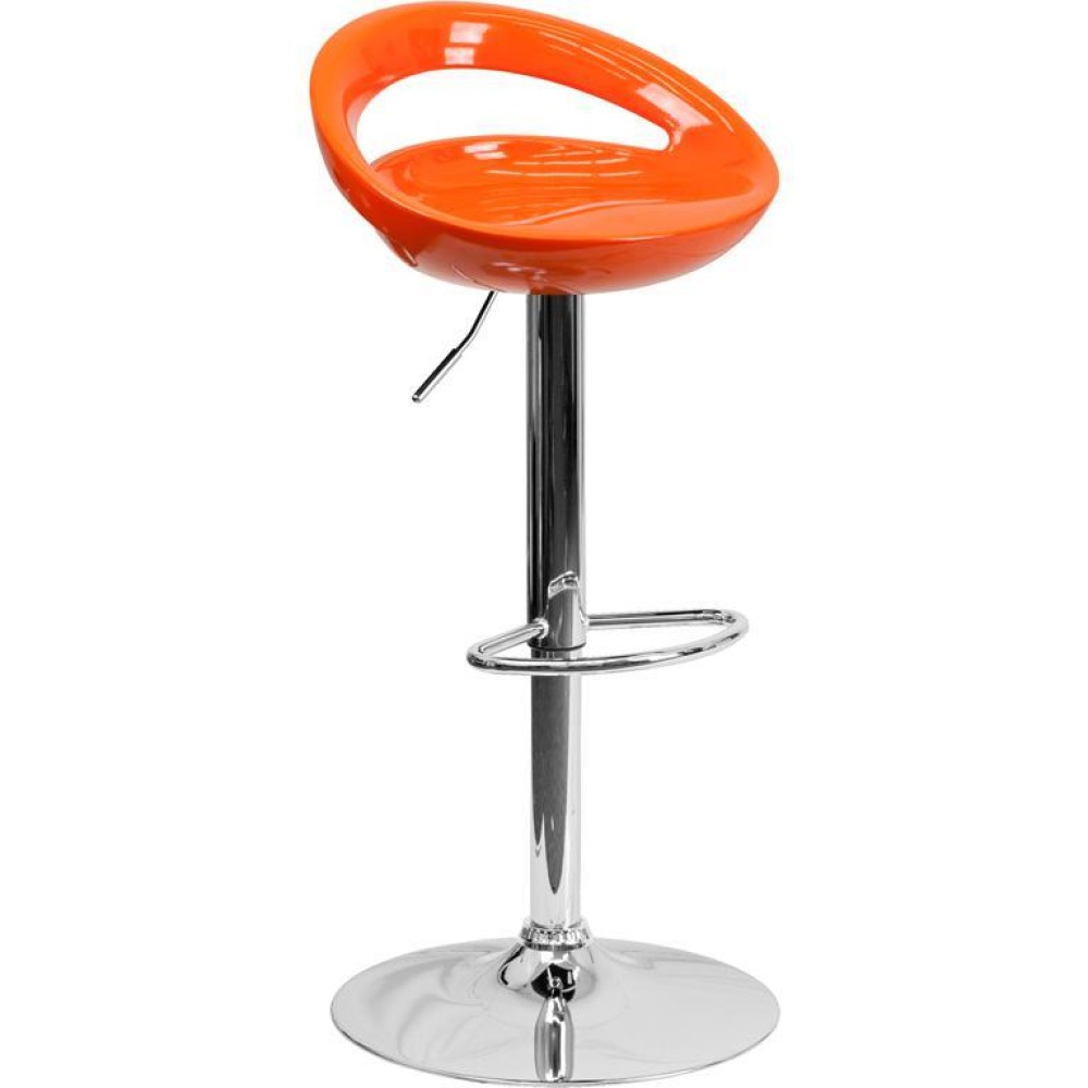 Contemporary Orange Plastic Adjustable Height Barstool with Rounded Cutout Back and Chrome Base