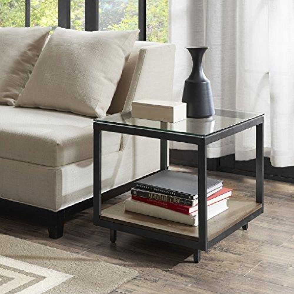 Madison Park Pratt Accent Square Glass Tabletop With Iron Metal Frame Mid-Century Modern Minimalist End Table With Lower Storage Shelf, 20 Inch Wide