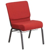 Hercules Series 21''W Church Chair In Crimson Fabric With Cup Book Rack - Silver Vein Frame