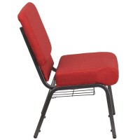 Hercules Series 21''W Church Chair In Crimson Fabric With Cup Book Rack - Silver Vein Frame