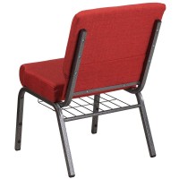 Hercules Series 21''W Church Chair In Crimson Fabric With Cup Book Rack - Silver Vein Frame