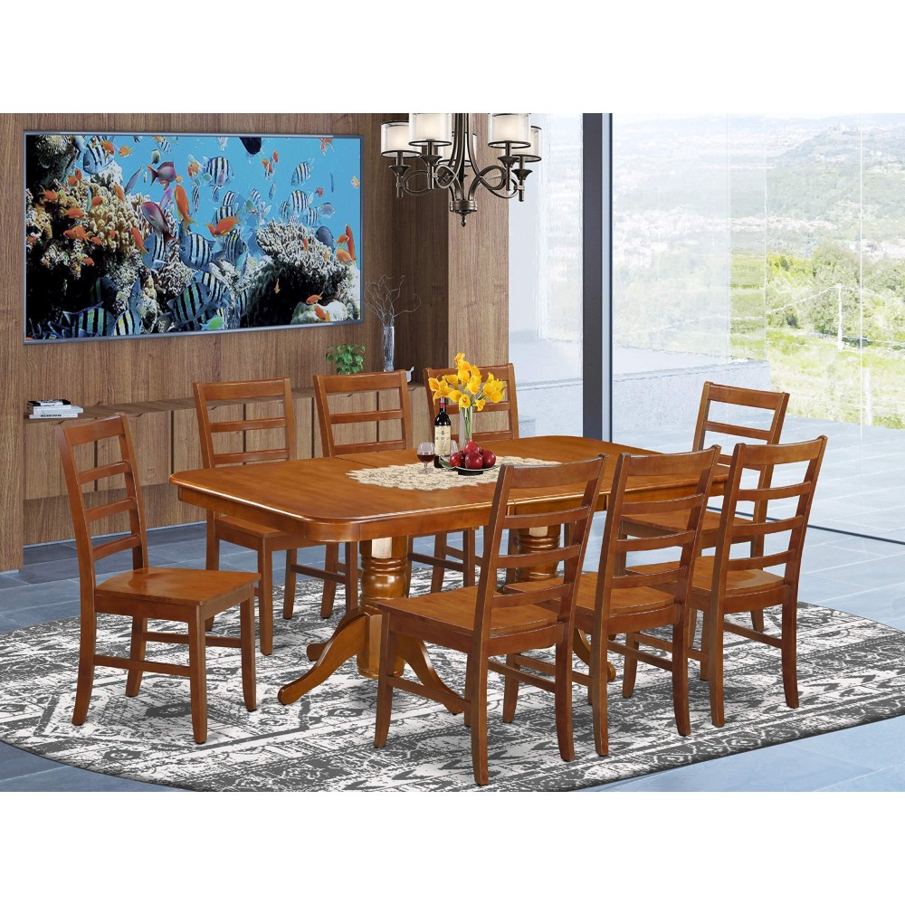 East West Furniture Napf9-Sbr-W 9 Piece Dining Room Furniture Set Includes A Rectangle Wooden Table With Butterfly Leaf And 8 Kitchen Dining Chairs, 40X78 Inch, Saddle Brown