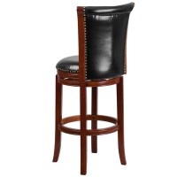 30'' High Dark Chestnut Wood Barstool With Panel Back And Black Leathersoft Swivel Seat