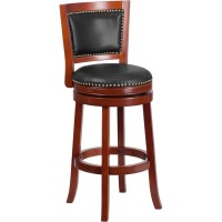 30'' High Dark Cherry Wood Barstool With Open Panel Back And Walnut Leathersoft Swivel Seat
