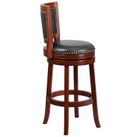 30'' High Dark Cherry Wood Barstool With Open Panel Back And Walnut Leathersoft Swivel Seat