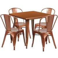 Commercial Grade 31.5 Square Copper Metal Indoor-Outdoor Table Set with 4 Stack Chairs