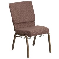 Hercules Series 18.5''W Church Chair In Brown Dot Fabric With Book Rack - Gold Vein Frame