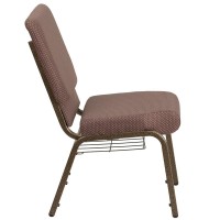 Hercules Series 18.5''W Church Chair In Brown Dot Fabric With Book Rack - Gold Vein Frame