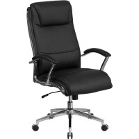 High Back Designer Black Leathersoft Smooth Upholstered Executive Swivel Office Chair With Chrome Base And Arms