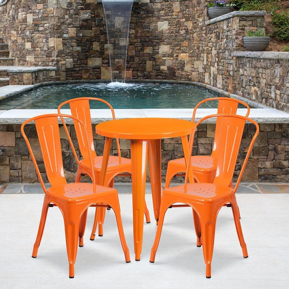 24 Round Orange Metal IndoorOutdoor Table Set with 4 Cafe Chairs