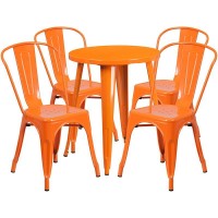 24 Round Orange Metal IndoorOutdoor Table Set with 4 Cafe Chairs