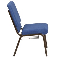 Hercules Series 18.5''W Church Chair In Blue Fabric With Cup Book Rack - Gold Vein Frame