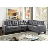 Acme Earsom Linen Fabric Tufted Back Sectional Sofa In Gray